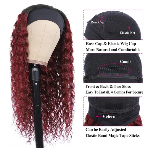 Vista 3 de Aiterina - Peluca de cabello humano con diadema de onda profunda para mujeres negras, cabello brasileño remy, sin pegamento, sin encaje frontal