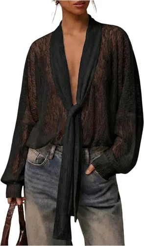 Vista 6 de SOLY HUX Blusa de encaje para mujer, manga larga, malla transparente con lazo frontal Marrón (pure brown)
