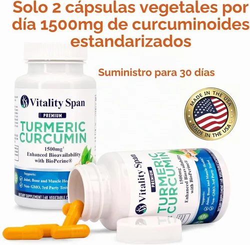 Vista 4 de Turmeric Curcumin Supplement 1500mg – 95% Curcuminoids with 10mg BioPerine Black Pepper – High Absorption Antioxidant Support – Made in USA – 60 Veg