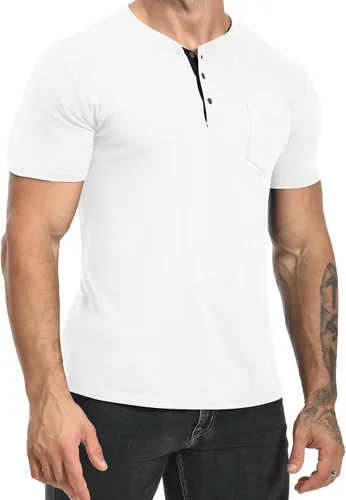Vista 2 de MLANM Camisas Henley de manga corta con botones de algodón para hombre