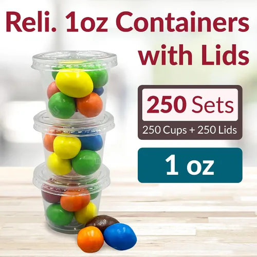 Vista 2 de Reli. Recipientes pequeños de 1 oz con tapas (250 juegos) Vasos de gelatina con tapas Recipientes de plástico transparente para condimentos