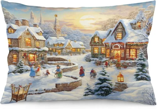 Vista 29 de Fundas de cojín decorativas para cama, diseño de pueblo de invierno, escena de invierno, con una casa victoriana en un entorno nevado, fundas