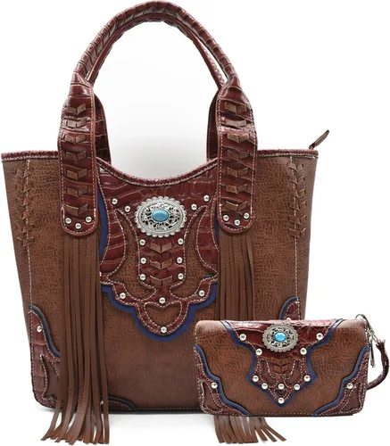 Vista 11 de Estilo occidental vaquera tejida con flecos de cocodrilo magnífico monedero conchos Tote Country Women bolso bolso hombro cartera conjunto 1 juego