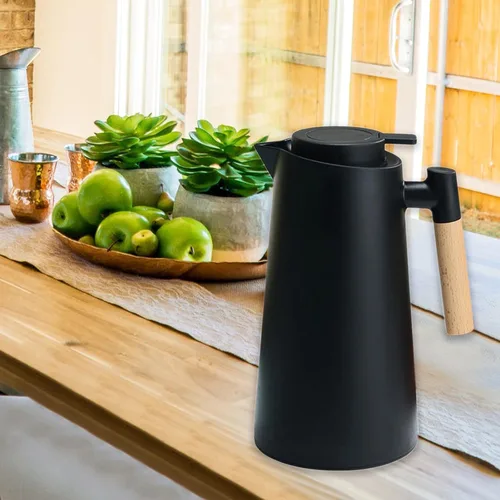 Vista 2 de Jarra térmica de doble pared de 1 litro, olla térmica al vacío con mango de madera, hervidor de agua, frasco aislado, jarra de té que mantiene