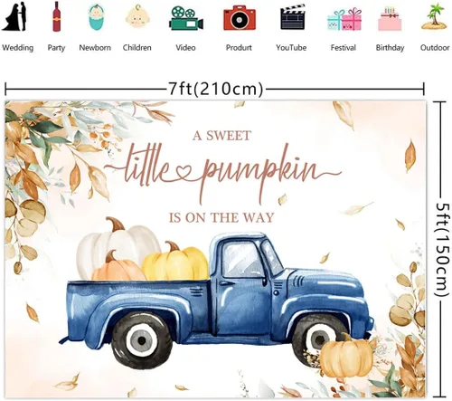 Vista 3 de Decoraciones de otoño para baby shower de calabaza para niño, A Sweet Little Sweet Pumpkin is On The Way, telón de fondo con texto en inglés "It's a