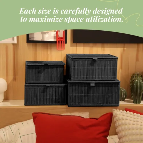 Vista 2 de Cesta de mimbre con tapa, caja de almacenamiento de bambú para estantes, cajas de almacenamiento de bambú con tapas, cesta decorativa rectangular
