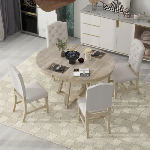 Vista 20 de Farmhouse - Juego de mesa de comedor de 5 piezas, mesa de comedor redonda extensible con 4 cómodas sillas tapizadas, juego de muebles funcionales