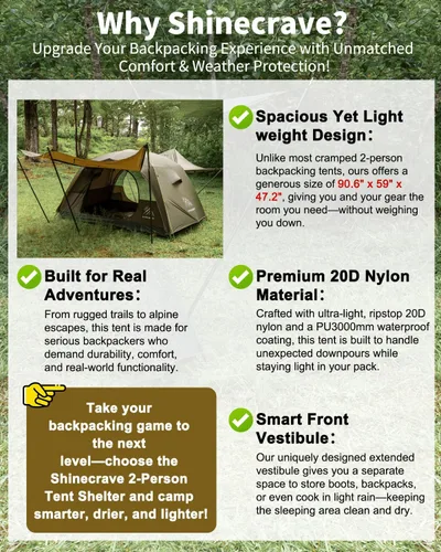 Vista 7 de Camping Tent 2 Person,Ultra Large Capacity, Lightweight 3 Season Backpacking Tent 2 Person, 20D Nylon/Taffeta PU3000mm, Free Standing, Ideal for