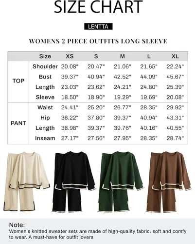 Vista 6 de Lentta Conjunto de 2 piezas de suéter de punto de manga larga para mujer, pantalones de pierna ancha, conjunto de descanso