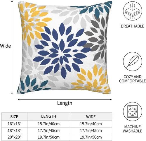 Vista 2 de Fundas de almohada azul marino y amarillo de 18 x 18 pulgadas, color verde azulado y gris, funda de almohada moderna con flores de dalia, 2 piezas