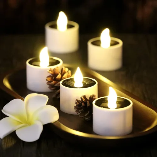 Vista 4 de 8 velas solares impermeables con sensor de atardecer a amanecer, velas LED parpadeantes recargables para exteriores, velas de té reutilizables sin