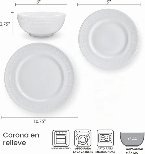 Vista 4 de Mikasa Crown White - Juego de vajilla de 18 piezas resistente a las astillas, servicio para 6 personas