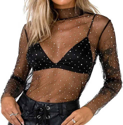 Vista 2 de Top sexy de malla transparente para mujer, con diamantes de imitación de manga larga