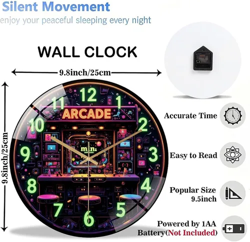 Vista 3 de 12-Inch Silent Tempered Glass Wall Clock, Retro Mini Arcade Clock Neon Art(1) ” Silent Non-Ticking Clock, Battery Operated