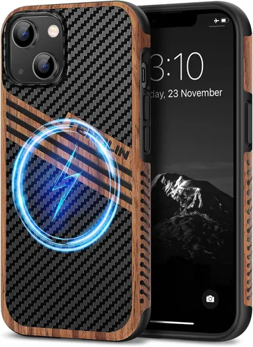 Vista 8 de TENDLIN Compatible con iPhone 13 mini - Funda de grano de madera con textura de fibra de carbono, funda híbrida de cuero compatible con iPhone 13