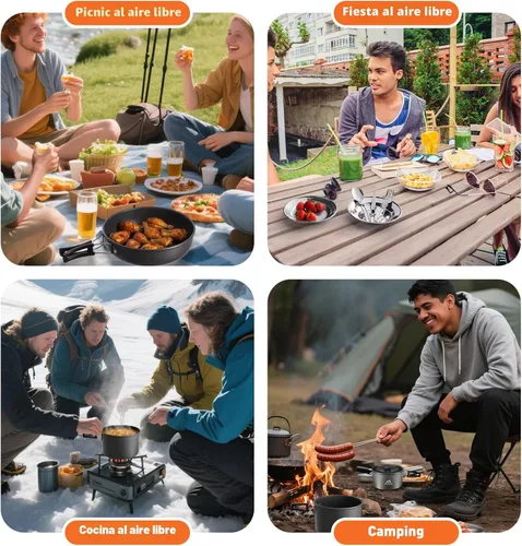 Vista 7 de THTYBROS 27pcs Camping Cooking Set for 2-4 People, Portable Cookware Set with Kettle, Pots & Pans, Stainless Steel Utensils, Plates, Dishware for