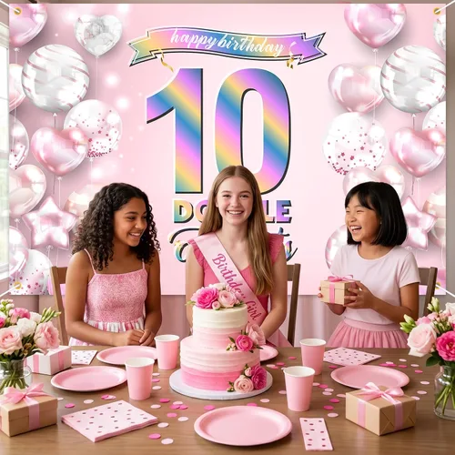 Vista 7 de Cartel de feliz cumpleaños número 10, telón de fondo de arcoíris degradado de doble dígito, fondo rosa de 10 años, decoraciones de cumpleaños