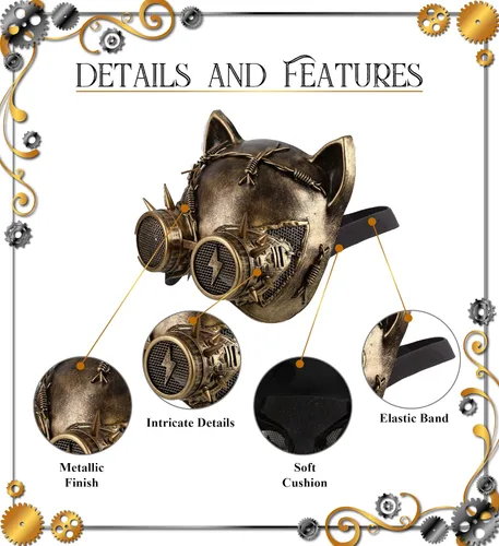 Vista 3 de Disfraz de máscara metálica de gato Steampunk con gafas