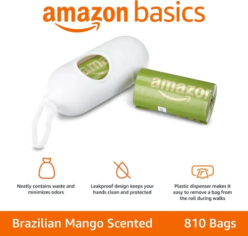Vista 2 de Amazon Basics Bolsas para excrementos de perro con dispensador, 810 unidades, mejoradas para garantizar a prueba de fugas, aroma de mango brasileño