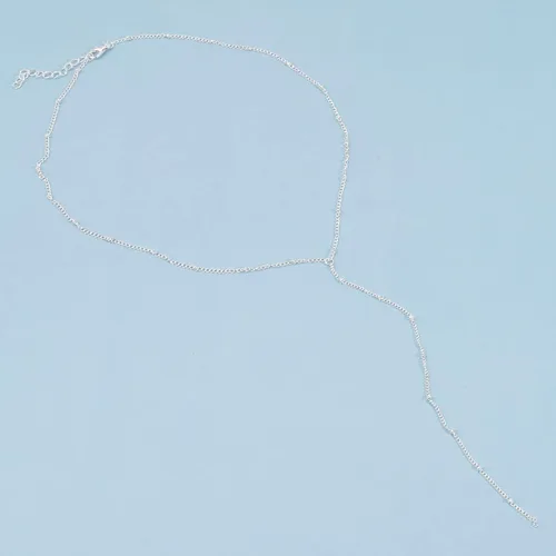 Vista 2 de Yheakne Collar bohemio de satélite en Y con cadena de bolas de plata, cadena de cuentas, collar en Y, collar de cadena larga, collar minimalista