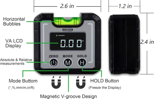 Vista 2 de Buscador de ángulo digital magnético y vial de burbujas de nivel, inclinómetro de calibre de ángulo de 90 °, transportador de calibre cónico
