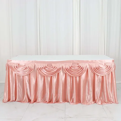 Vista 18 de Efavormart - Falda de mesa de satén beige para cocina, comedor, catering, boda, fiesta de cumpleaños, decoración de eventos, 14 pies
