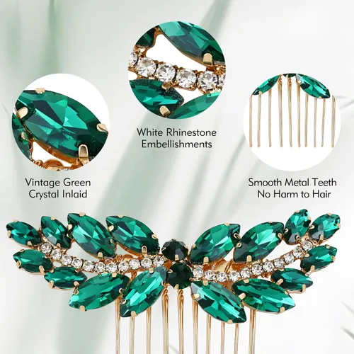 Vista 5 de inSowni 7 piezas vintage de graduación nupcial con purpurina verde con diamantes de imitación de cristal dorado de metal dorado peines laterales