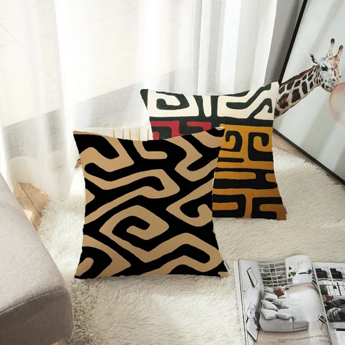 Vista 2 de ArtSocket Juego de 4 fundas de almohada naranja tribal Kuba inspiradas en la tierra, colores geométricos, étnicos, negro, marrón, barro, africano