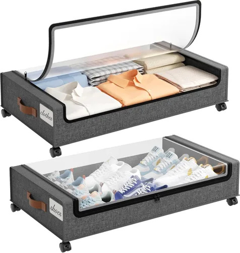Vista 9 de Yecaye Almacenamiento Debajo de la Cama con Ruedas, 2 Paquetes de Cajas de Almacenamiento Debajo de la Cama con Tapas Transparentes y Etiqueta, 60L