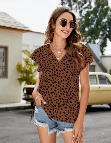Vista 5 de SimpleFun Blusa de verano de manga corta con cuello en V floral para mujer