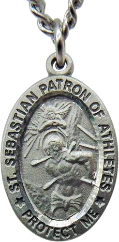 Vista 8 de Juego de medallas de fútbol de San Sebastián con colgante de peltre en una tarjeta de oración de cadena de acero inoxidable en caja
