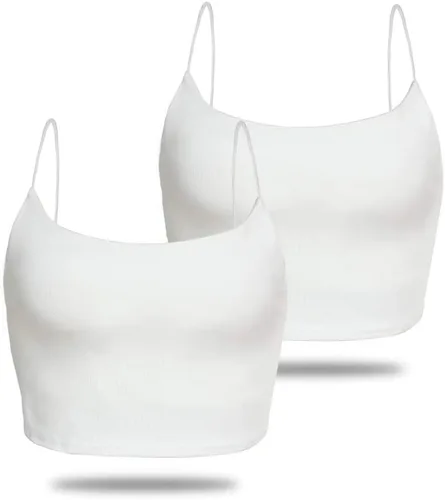 Vista 71 de Amilia - Camiseta básica de tirantes delgados para mujer (doble capa)