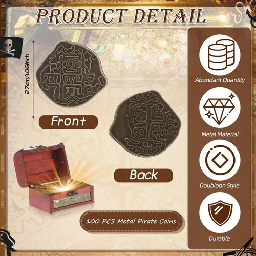 Vista 2 de Hanaive 100 Piezas Monedas de Pirata de Metal Cofre del Tesoro Doblón Español Monedas Falsas Fichas para Niños Juegos de Mesa Fiesta Pirata Cosplay