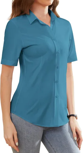 Vista 12 de Camisas de vestir para mujer, sin arrugas, con botones, de manga corta, camisas de trabajo con cuello