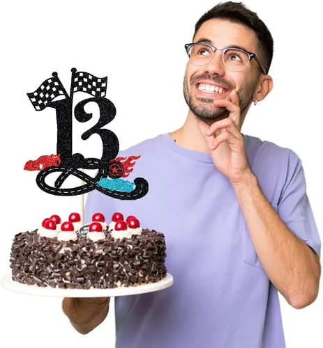 Vista 5 de Decoración para tartas de cumpleaños número 13, decoración para tartas de trece años con purpurina rápida, bandera a cuadros, pista de carreras