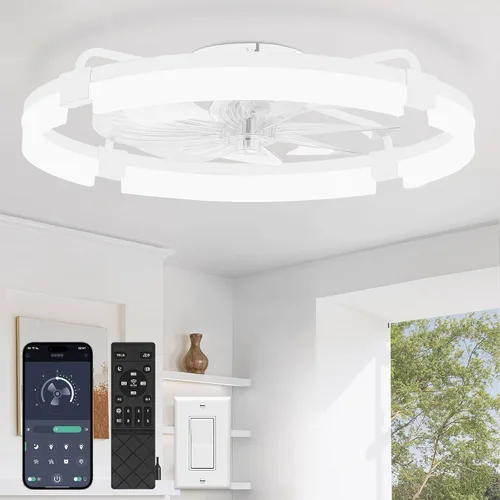 Vista 9 de LEDIARY Ventiladores de techo de bajo perfil de 19.7 pulgadas con luces y control remoto, 6 velocidades, 3 CCT, reversible, regulable, ventilador