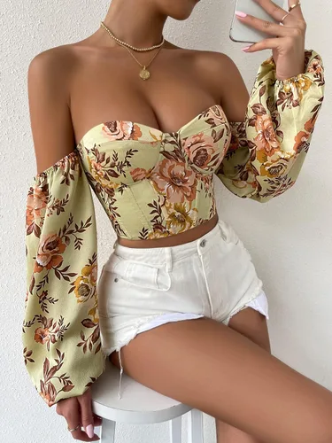Vista 3 de ZKFDP Blusa corta casual de verano para mujer, con estampado floral, hombros descubiertos, manga farol, ojales y cordones (talla S S)