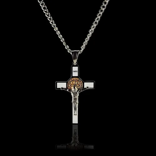 Vista 4 de Unique Saint Benedict Crucifijoen dos tonos de oro y plata color inoxidable St Benedict Cruz Collar