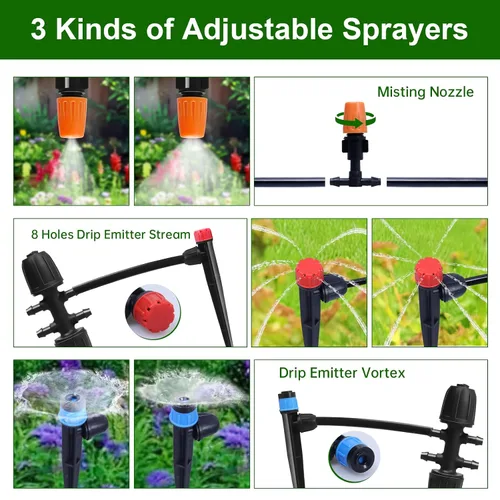 Vista 2 de Kit de sistema de riego por goteo de 260 pies, sistema automático de riego de jardín con tubo de 2/5 pulgadas y 1/4 pulgadas para invernadero