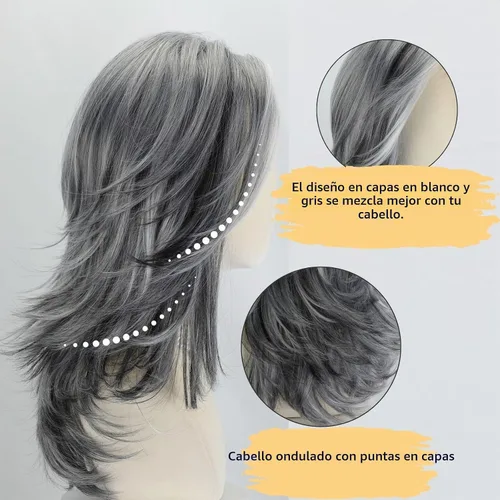 Vista 4 de Fencca Pelucas de color gris plateado para mujeres blancas, peluca ondulada en capas, peluca de sal y pimienta de longitud media con reflejos