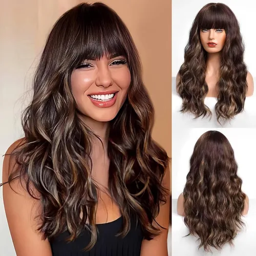 Vista 9 de HAIRCUBE - Peluca marrón con reflejos rubios, peluca larga y rizada con flequillo, peluca marrón de apariencia natural, peluca sintética resistente