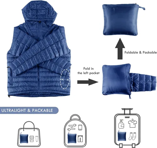 Vista 7 de Chaqueta de plumón para hombre, plegable, ligera, resistente al agua, con capucha