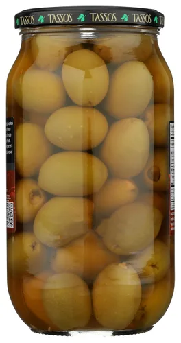 Vista 3 de Tassos Aceitunas griegas súper mamut de jalapeno-ajo con doble relleno, 35.27 onzas
