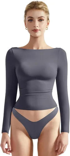 Vista 15 de SUUKSESS Camiseta de mujer con cuello redondo, manga larga, doblemente forrada, ajustada y corta