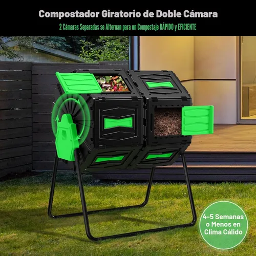 Vista 2 de Vaso de compost, fácil de montar y eficiente, contenedor de compost para exteriores, 45 galones/170 litros, compostador giratorio de doble cámara