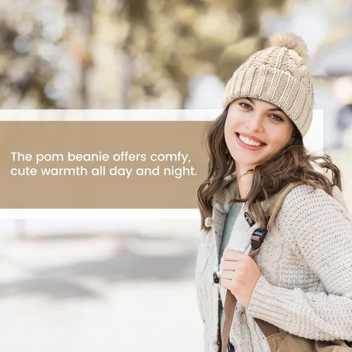 Vista 6 de Avisky Womens Winter Knitted Beanie Hat with Faux Fur Winter Hats for Women Fur Pom Warm Knit Skull Cap Thick Beanie Hat