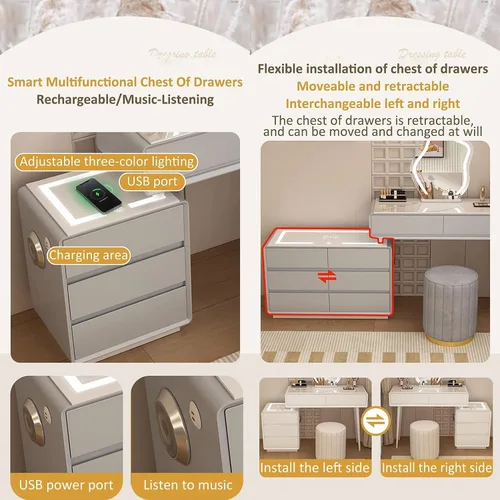 Vista 7 de Tocador con espejo con luces, mesa de tocador con cajones, mesa de maquillaje blanca, 3 modos de iluminación de brillo ajustable, para dormitorio