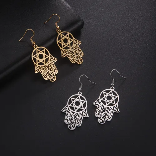 Vista 5 de Hamsa - Aretes hexagonales de mano de Fátima con estrella de David contra el mal de ojo, nudo celta judío, protección para mujer, amuleto