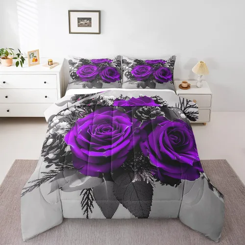 Vista 11 de Juego de edredón de rosas rojas, tamaño individual, juego de ropa de cama floral rojo degradado negro para niñas, mujeres, niños, adolescentes