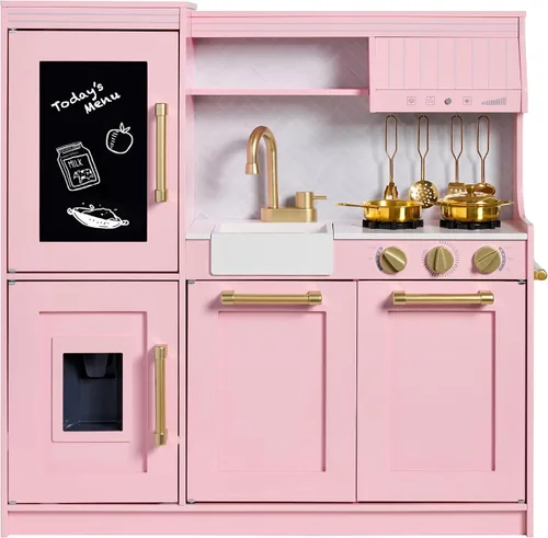 Vista 8 de Best Choice Products - Juego de cocina de madera para niños, juego de cocina con fregadero, horno, microondas, refrigerador, máquina de hielo y Negro